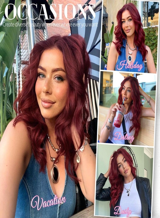 KooKaStyle Short Hair Extensions 6PCS 14 Inch Wavy Curly Hairpieces Synthetic Soft Lace Weft Clip in Hair Extensions-Burgundy for Women - Image 4